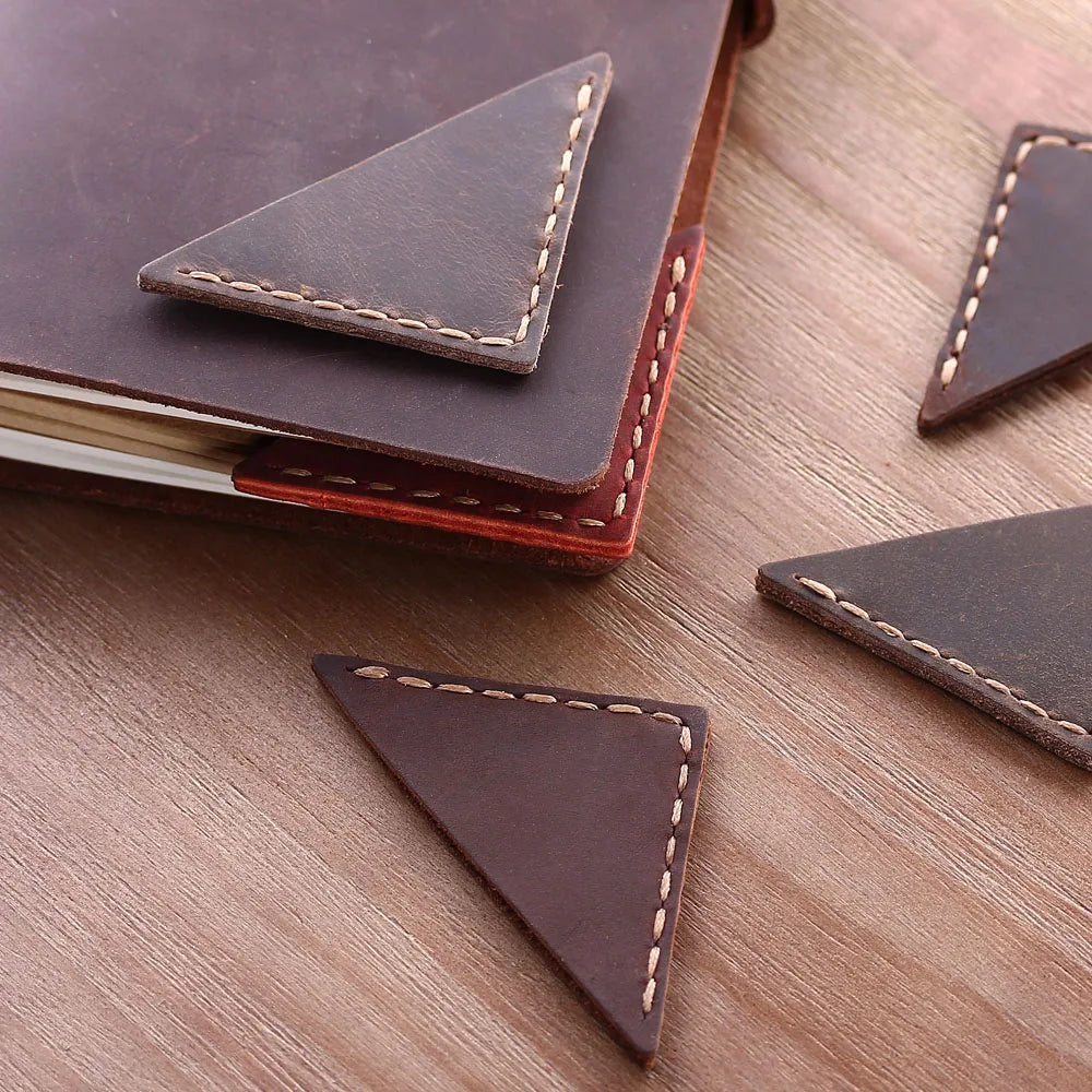 Handcrafted Vintage TRIANGLE Corner Leather Bookmarks (2-pack)