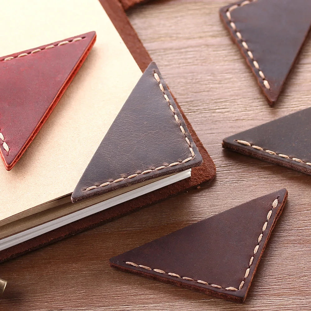 Handcrafted Vintage TRIANGLE Corner Leather Bookmarks (2-pack)