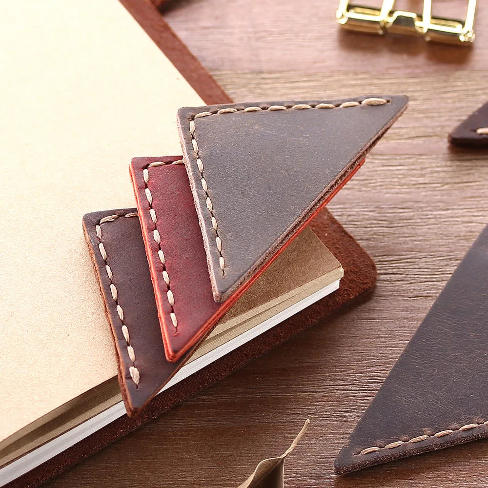 Handcrafted Vintage TRIANGLE Corner Leather Bookmarks (2-pack)