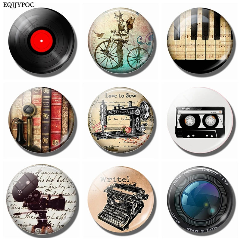 Vinyl Record Refrigerator Magnet Antique Piano Tape Phone Bicycle Camera Sewing Machine Typewriter 30MM Glass Dome Fridge Magnet
