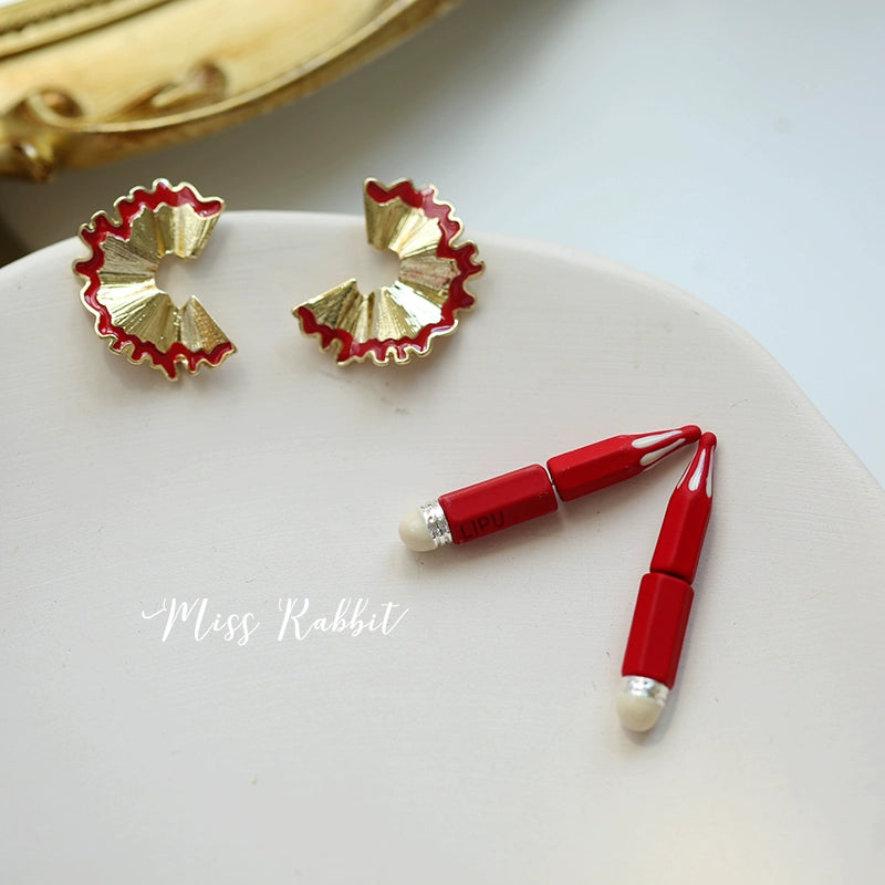 Fun and Unique Oil Drop Red 925 Silver Pencil Stud Earrings