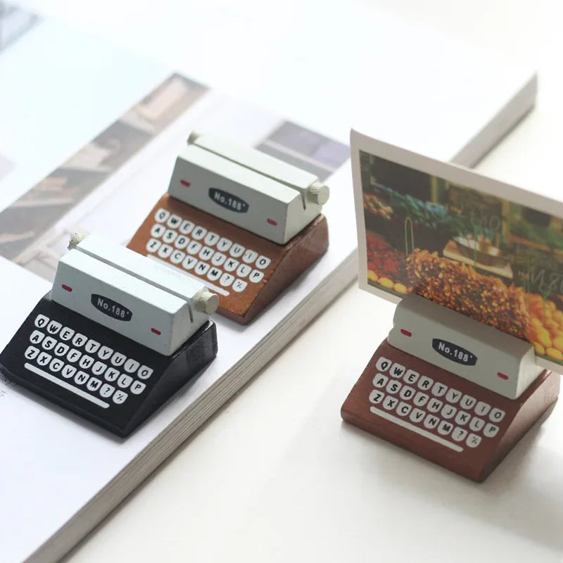 Vintage Typewriter Shape Card Holder Wooden Memo Clips Photocard Holder Kawaii Messege Note Display Stand Office Desk Organizer