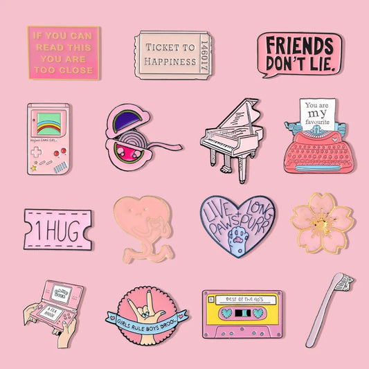 Cute Cartoon Pink Typewriter Metal Enamel Brooch Game Tape Sewing Machine Memory Card Badge Pin Sweet Trendy Jewelry Gifts